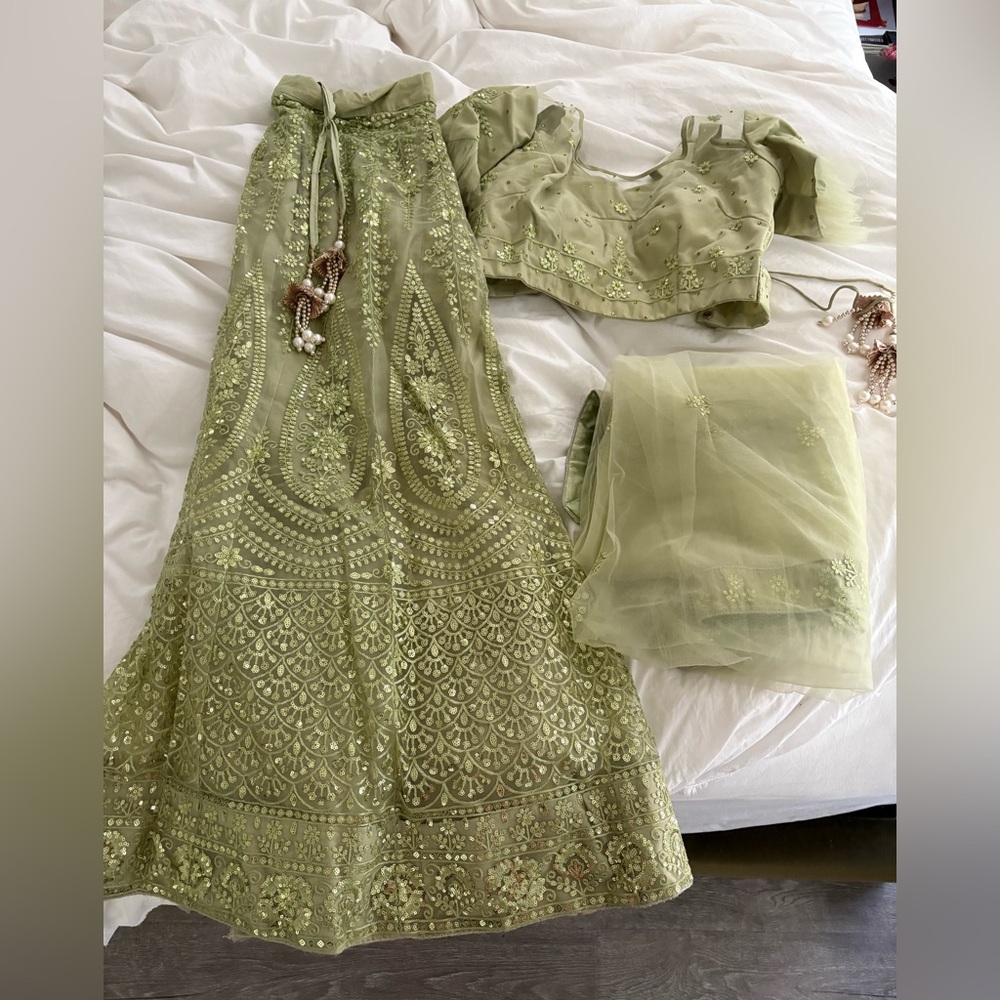 Green Embroidered Skirt and Top Lehenga with sash and pretty tie detail.